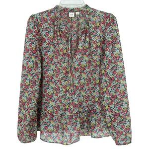 Gap Floral Peasant Blouse Women Size M Boho Tie Neck Long Sleeve Cottagecore